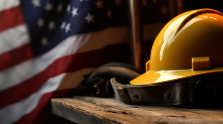 Helmet and tools on wooden background, closeup. Labor dayの素材