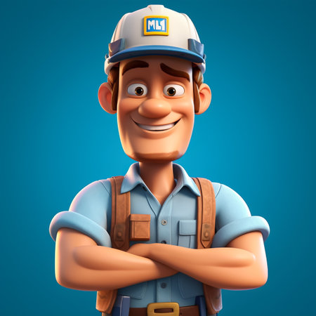 Cartoon worker with arms crossed looking at the camera on blue backgroundの素材