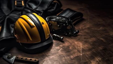 Hardhat and safety equipment on a wooden background with copy space.の素材