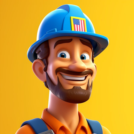 Cartoon character of builder with usa flag on his shoulder smilingの素材
