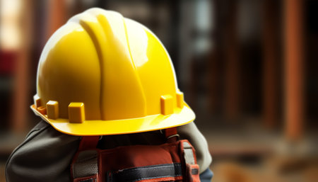 Closeup of a construction worker wearing a yellow hard hat at a construction siteの素材