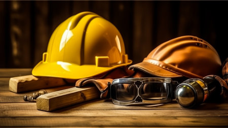 Hard hat, goggles, hammer and other tools on wooden background.の素材
