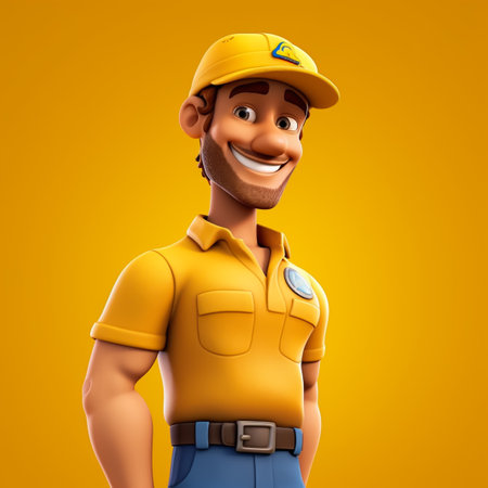 Smiling delivery man with yellow uniform on yellow background. 3d illustrationの素材