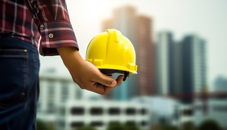 Close up of engineer hand holding yellow safety helmet on construction site backgroundの素材