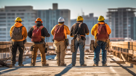 Group of construction workers on the background of the construction site. construction concept.の素材