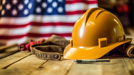 Hard hat and construction tools on a wooden background. american flag.の素材