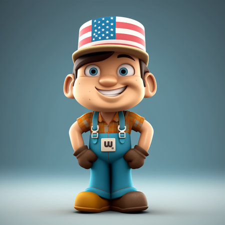 Cartoon handyman with American flag on his shoulder, 3d illustrationの素材