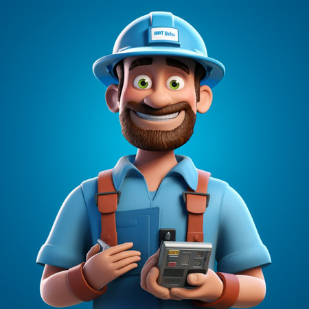 Plumber with a calculator and a blue helmet on a blue backgroundの素材