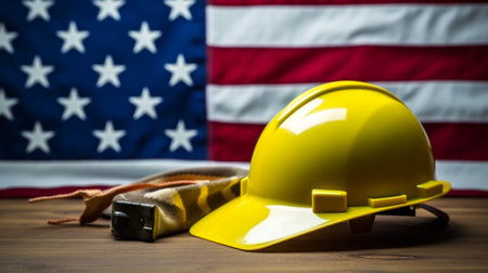 Hard hat and safety equipment on the background of the American flag.の素材