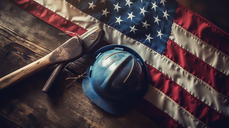 American flag with hardhat and ax on rustic wooden background.の素材