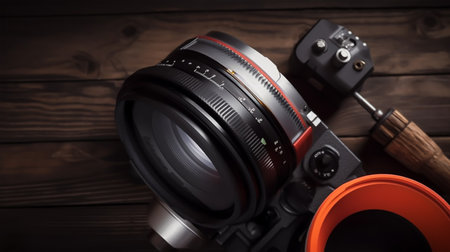 Camera and tools on a wooden background. Shallow depth-of-field.の素材