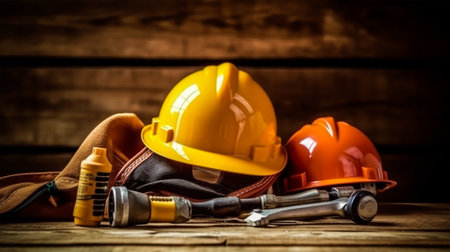 Safety helmet and other tools on wooden background. Labor day concept.の素材
