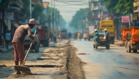 Unidentified indian worker cleans the road in Kolkata.の素材