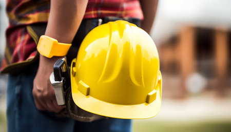 Close up of a female construction worker holding a yellow safety helmet.の素材