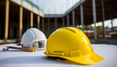 Yellow safety helmet and construction tools on a building site background. construction concept.の素材