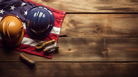 American flag with safety helmet and tools on wooden background. Labor day concept.の素材