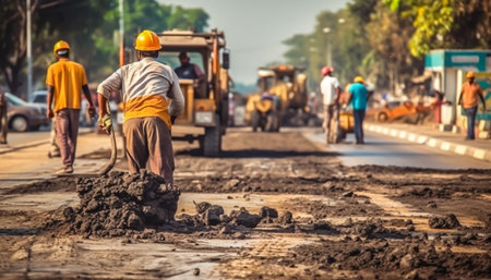 Workers are working on the new road construction site in Thailand.の素材