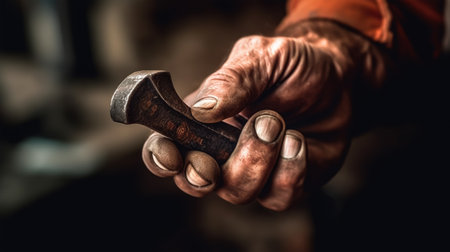 Close-up of a man's hand holding an old hammer.の素材