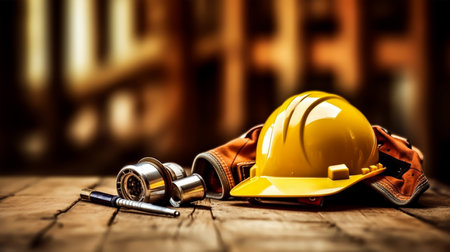 Hard hat and safety belt on wooden background. Safety and construction concept.の素材