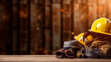 Safety equipment on wooden table. Industrial background. Selective focus.の素材