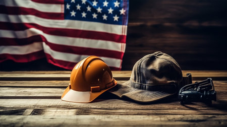 Hard hat and helmet with American flag on wooden background. Labor day concept.の素材