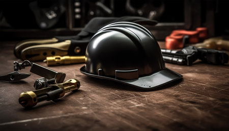 Safety helmet and other tools on wooden background. Selective focus.の素材