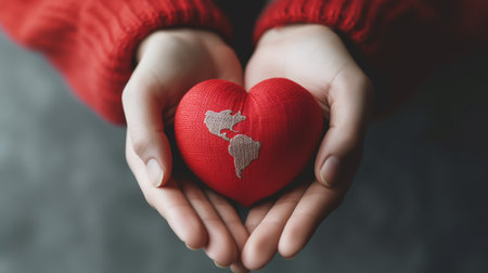 Red heart in the hands of a girl in a red sweater.の素材