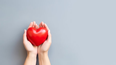 Female hands holding red heart on gray background. Top view with copy spaceの素材