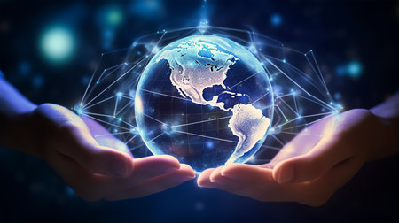 Businessman on blurred background holding and touching 3D rendering planet earthの素材