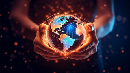 Close up of businessman hands holding planet earth in palms. 3D renderingの素材