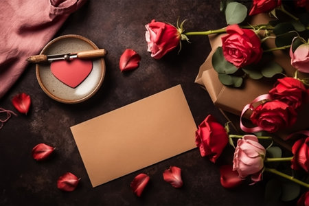 Valentine's day greeting card mockup with envelope, red rose flowers and pen. Top view with copy spaceの素材