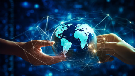 Close up of human hands holding Earth planet and connection lines. 3D renderingの素材