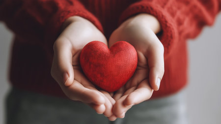 Woman holding a red heart in her hands. Close up.の素材