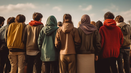 Back view of a group of young people standing in a row and looking at the sky.の素材