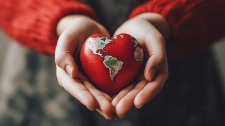 Female hands holding a red heart with a map of the world.の素材