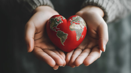 World heart day concept. Woman hands holding red heart with world map.の素材