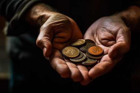 Hands of a man with a handful of coins in his handsの素材