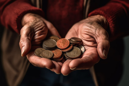 Hands of an elderly woman with coins in her hands. Finance conceptの素材