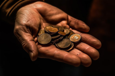 Coins in the hands of an elderly man. Selective focus.の素材