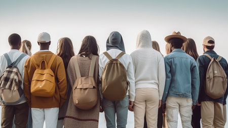 Back view of a group of people with backpacks standing in a rowの素材