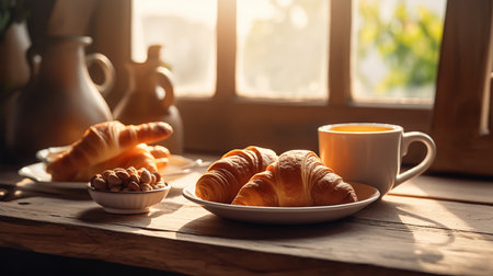 Breakfast with coffee and croissants on table in morning lightの素材