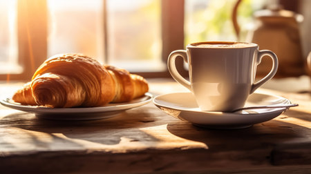Coffee cup and croissant on wooden table in morning sunlightの素材