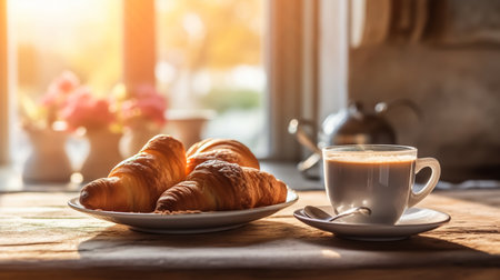 Breakfast with coffee and croissants in a basket on the tableの素材