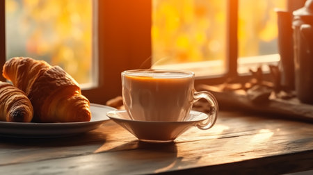 Cup of coffee and croissants on wooden table in cafeの素材