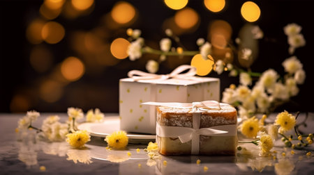 Birthday cake and gift box on a table with bokeh backgroundの素材