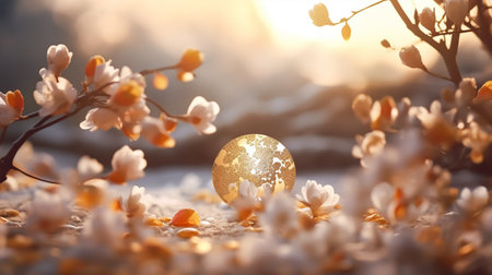 Magnolia flowers and gold ball on snow. Beautiful spring background.の素材