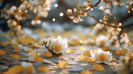 Blossoming branch of a blossoming tree with yellow petals and golden confettiの素材