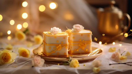 Tasty cakes on table in room decorated with flowers, closeupの素材