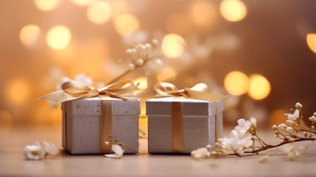 Gift boxes with golden ribbons on bokeh background.の素材