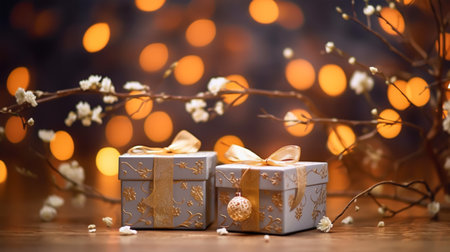Gift boxes on bokeh background. Christmas and New Year conceptの素材